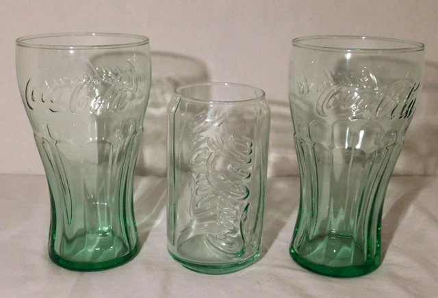 Lot of 3 Coca-Cola Coke Drinking Glasses 2 Libbey + 1 Can-shaped Soda Green Tint