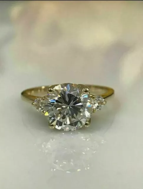 2Ct Rond Véritable Moissanite Trois Pierre Mariage Fiançailles 14K or Jaune