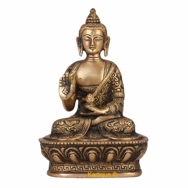Brass Buddha Idol Statue Blessing with Sacred Kalash & Draped in Shawl for Home