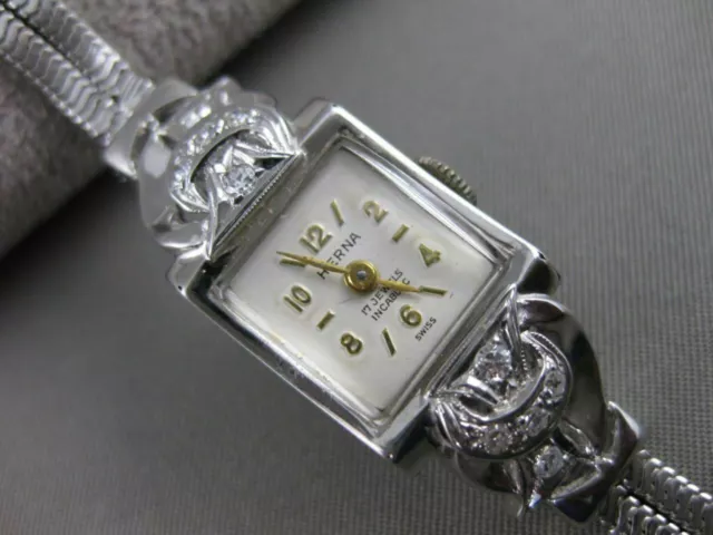 Antique Old Euro Mine Diamond 14K White Gold Herna Watch 17 Jewel Swiss 7" 21595