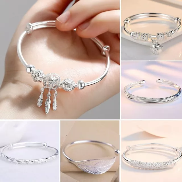 925 Silver Beads Charm Dreamcatcher Cuff Bangle Bracelet Women Adjustable Gift