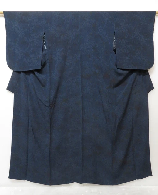 1404T07z760 Japanese Kimono Crepe Silk HITOE KOMON Indigo Karahana