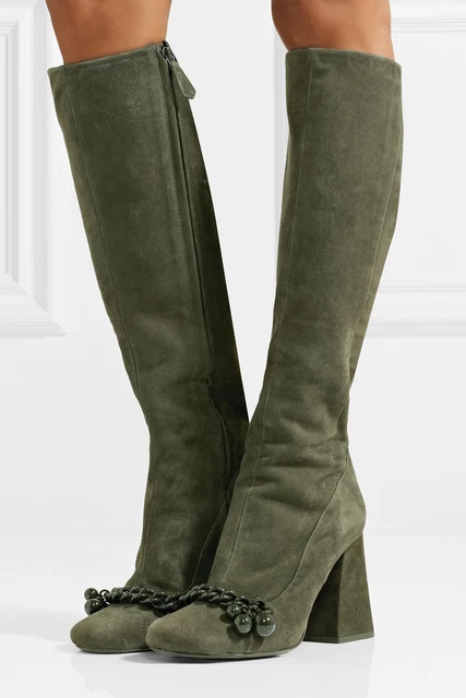 680 NEW TORY BURCH Addison 95 mm Chain Trimmed Suede Knee Boots