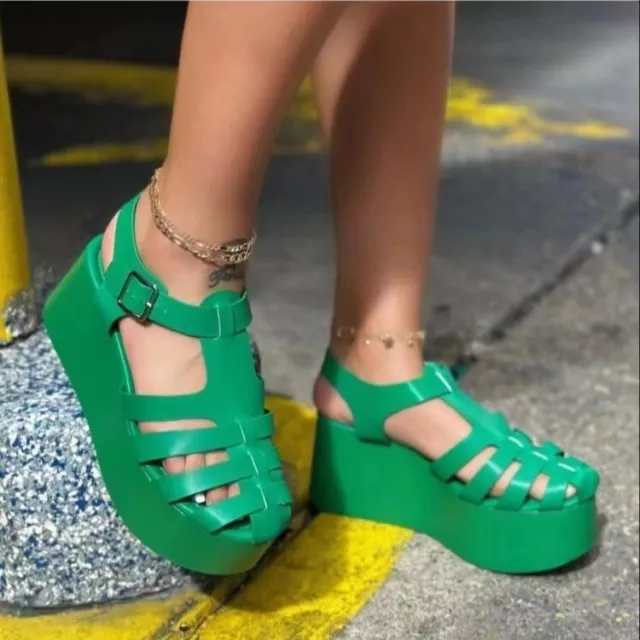 WOMENS PLATFORM CLOSED Toe Hollow T-Strap Shoes Wedge Heels Slingback ...