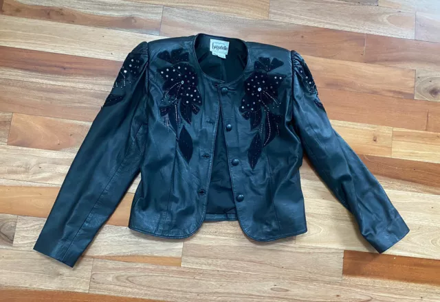 VINTAGE bagatelle leather BLACK Button Embellished Floral jacket Coat SZ Medium