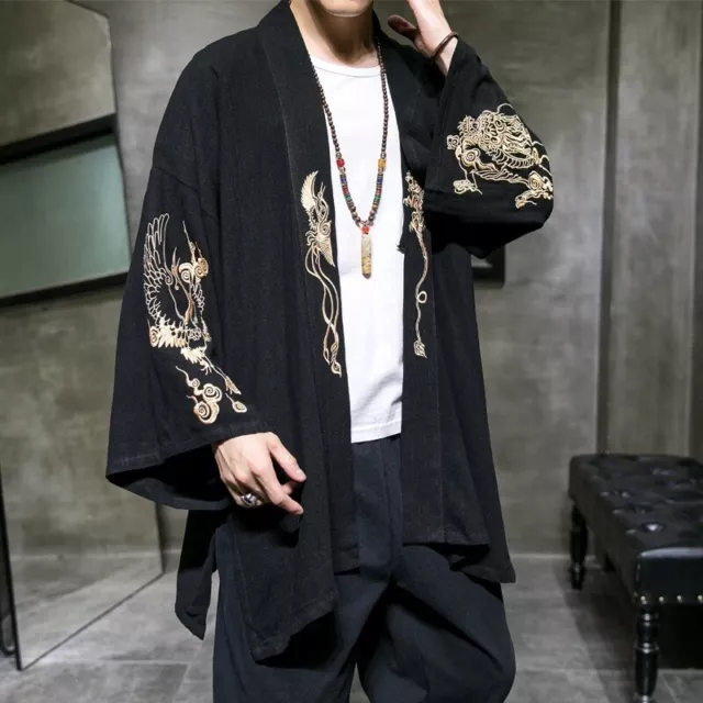 Ricamo Dragon Uomo Giapponese Cappotto Kimono Top Giacca di Cotone Sciolto