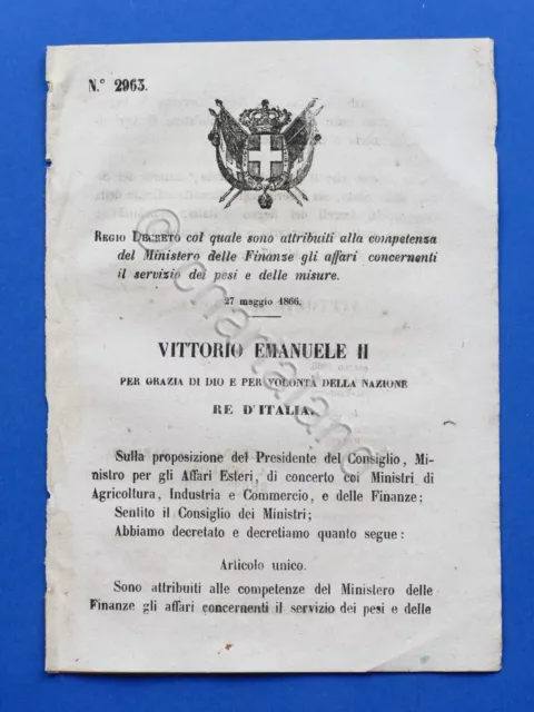 Regno d'Italia Regio Decreto attribuzione Ministero Finanze pesi e misure 1866