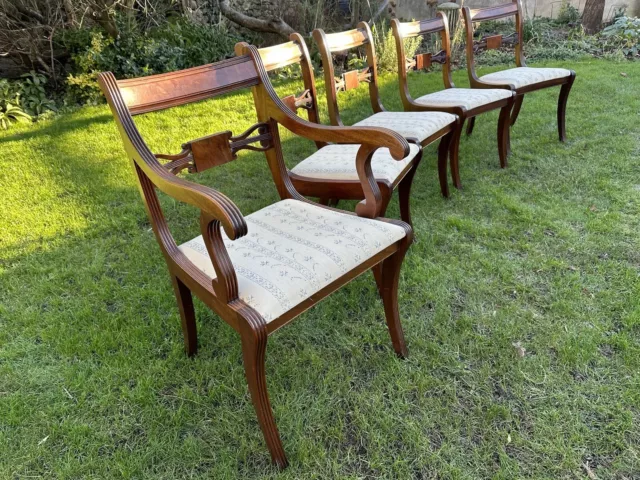 Five Antique Reproduction Regency Mahogany Dining Chairs White Floral Carver