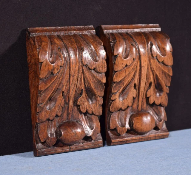 5" Pair of French Antique Renaissance Corbels Hand Carved Oak Wood Trim