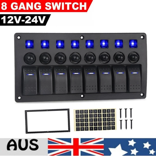 8 Gang 12V Waterproof LED Rocker Switch Control Panel for RV/Boat/Marine/Caravan