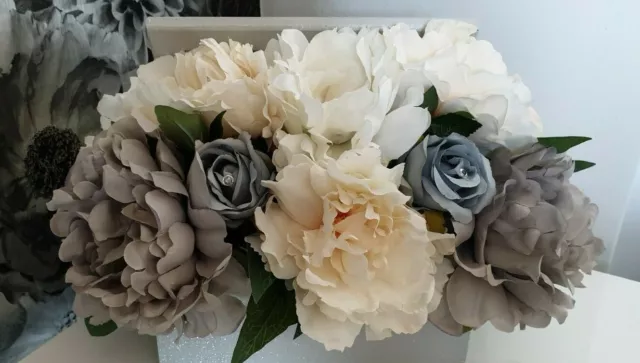 Faux Silk Artificial Peony And Rose Flower Arrangement In Decorated Wooden Box