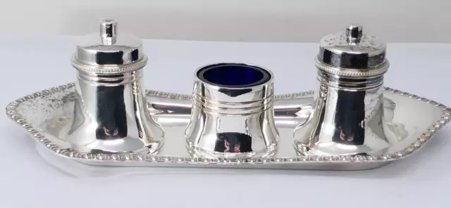 Cruet Set Silver Plated Salt Pepper Mustard on a Vintage Tray