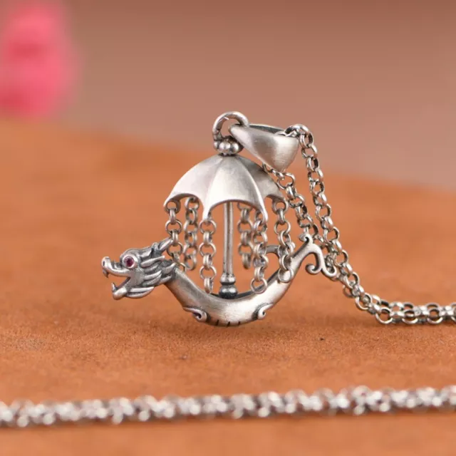 Real Solid 925 Sterling Silver Men Women Gift Lucky Dragon Boat Pendant