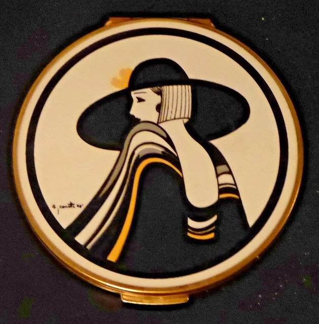 Vintage Stratton Compact Woman Hat &‎ Scarf Art Deco Enamel Gold Tone Metal C14Q Vintage Stratton Powder Compact Swallow Bird Floral Enamel  main image 4