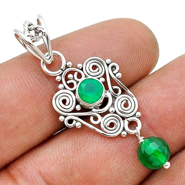 Free Shipping 3.17cts Checker Cut Natural Green Chalcedony Beads Pendant U72222