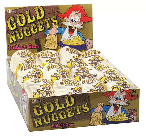 24 x GOLD NUGGETS BUBBLE GUM POUCHES MINE MINER BULK LOLLIES YELLOW NOVELTY