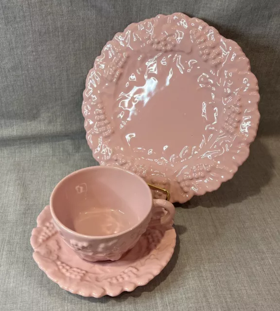 VTG PV Italy Pink Embossed Grape Majolica Tea Cup Saucer Trio Set #07625 7627