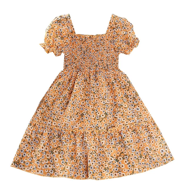 Kids Toddler Girls Sweet Dress Short Bubble Sleeve Floral Elastic Waist Summer