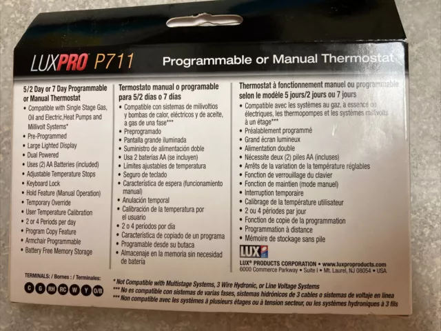 LuxPro 1 Heat 1 Cool l Programmable OR manual Thermostat - P711- 5/2 or 7 day 2