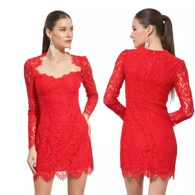 Traje Corto Vestido Rojo Mujer de Encaje Elegante Noche Cuello Cuadrado Nuevo