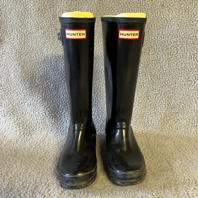 Hunter Tall Rubber Rain Boots Girls 4 Black Gloss Buckle Waterproof 14" Tall