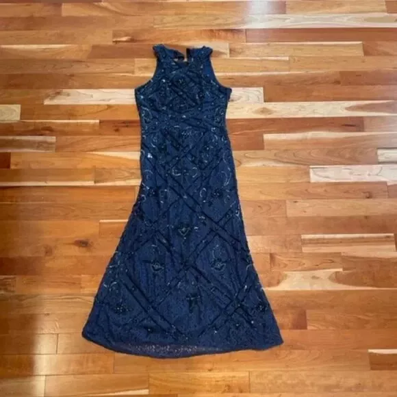 Adrianna Papell Beaded Halter Tie-Back Mesh Gown - Blue/Marine - Size 12