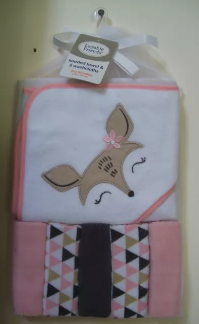 Luvable Friends 6 Pc White Peach Deer Fawn Woodland Hooded Towel & Washcloths