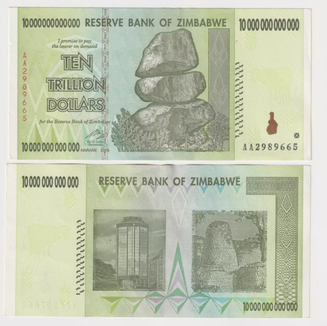 ZIMBABWE 10 TRILLION DOLLARS, 2008, P-88, AA EF BANK NOTE Free Shipping 🇨🇦