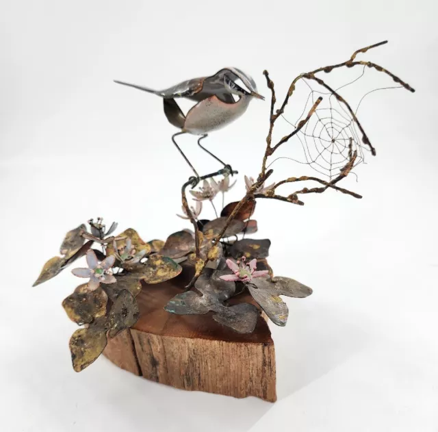 Norman Brumm Enamel Copper Sparrow Bird on Wood Raw Leaves Spider Web Flowers