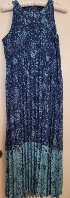 J. Jill Wearever XS High Neck Sleeveless Pleated Blue Ditzy Floral Maxi Dress