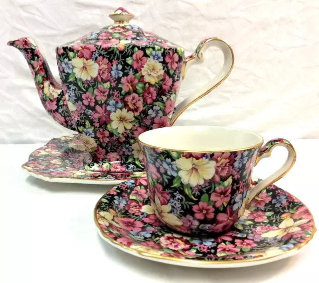 ROYAL WINTON Grimwades FLORENCE Chintz Bone China Black Background 1995 Tea Set