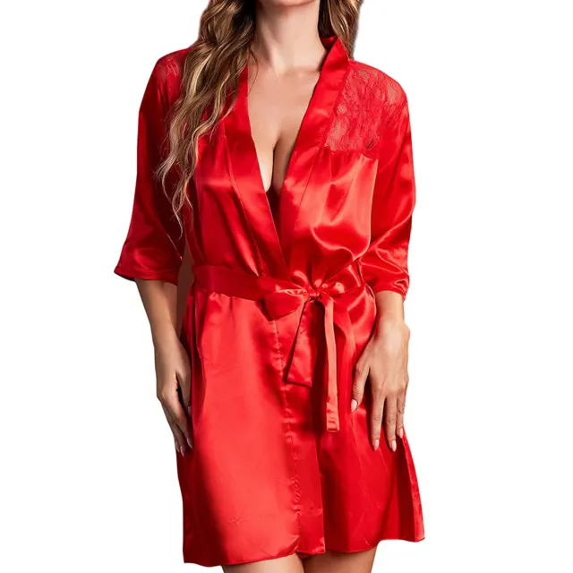 Women Satin Kimono Robe Lingerie Nightgown Sleepwear Silk Bathrobe US Valentines