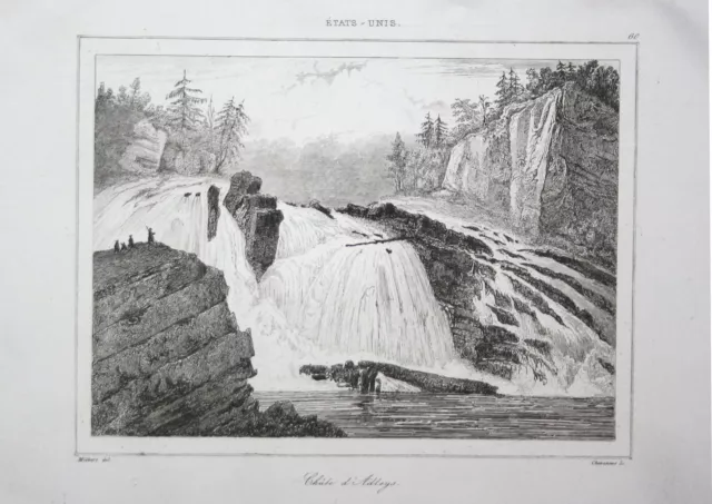 1850 Adley's Falls Waterfall Hudson USA Steel Engraving Antique Print View