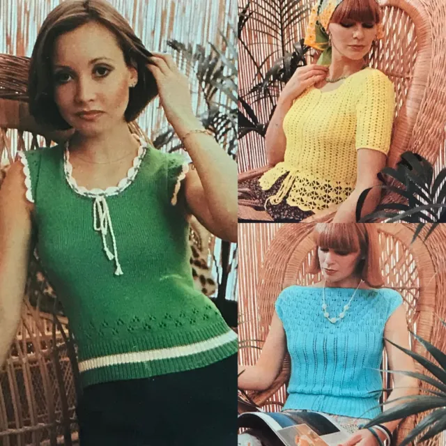 1970s Cotton Square Neck Eyelet Lace 4 Ply Patons 497 Knitting Crochet Pattern