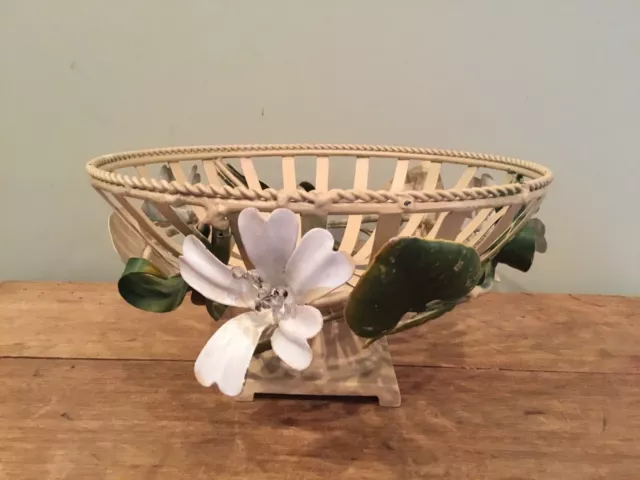 Vintage Italian Metal Tole Toleware Centerpiece Bowl Flowers Leaves Shabby Chic