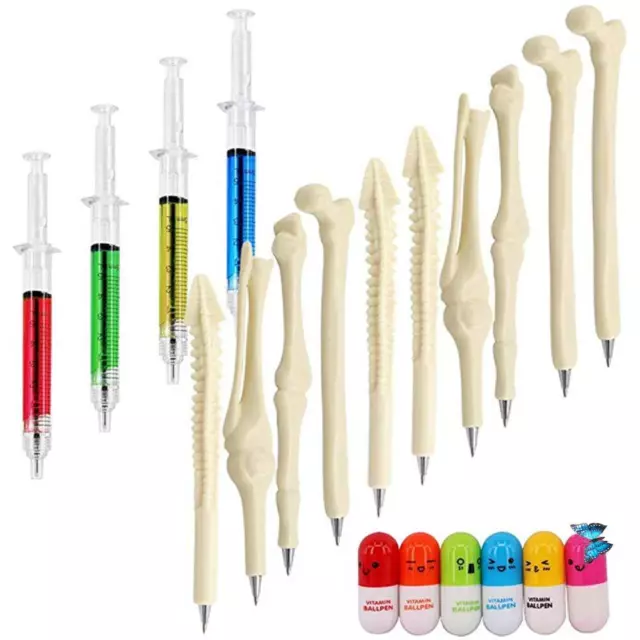 4 Syringe Pens + 6 Pill Pens & Capsule Pens + 10 Bone Design Ballpoint Pens f...