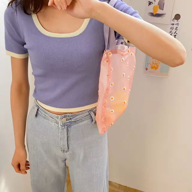 Borsa donna motivo floreale, organza, tessuto a rete, trasparente, borsa da spiaggia