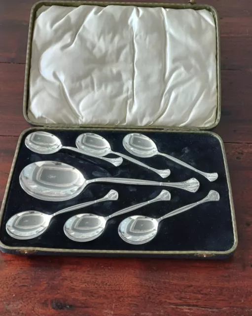 Vintage Silver Plate Dessert Spoons With Serving Spoon In Original Case