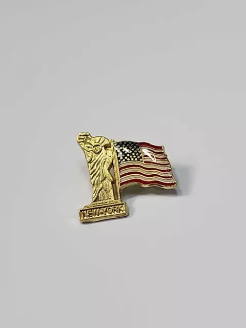 New York Statue Of Liberty & USA Flag Lapel Pin Gold Color Metal