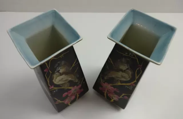 Vintage Vase Pair Of Japanese Flower & Bird Black Algiers England Matching Pair 3