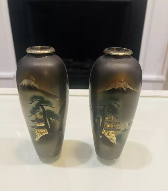 2 Vase Japanese Etched Bronze and Mixed Metal Signed 5.75" Mt Fuji & Hillside