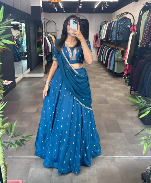 Blue Lehenga Choli Wedding Wear Lengha Sequins Skirt Top Sari Dress Valentine