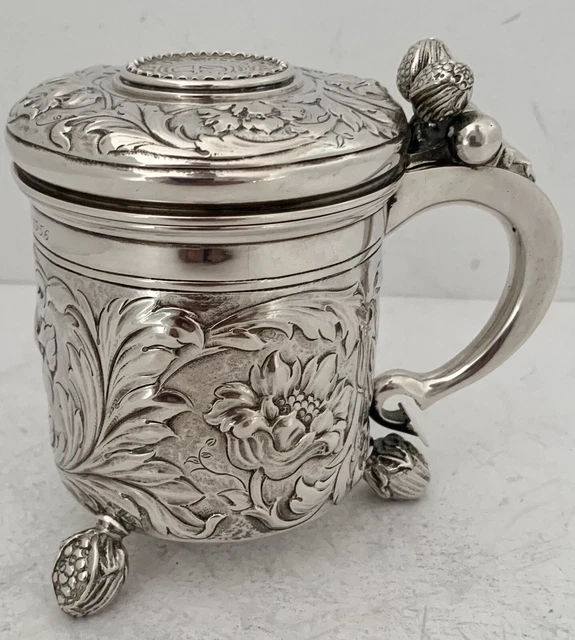 Danish 826 Silver Repoussed Floral 1644 Coin 2 Mark Lidded Tankard Figural Lion