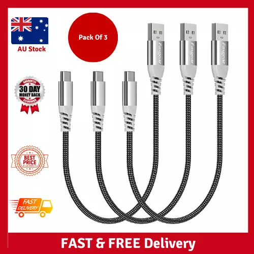 3 Pack Short USB C Cable 30Cm Fasgear Fast Charging USB to Type C Cord Nylon