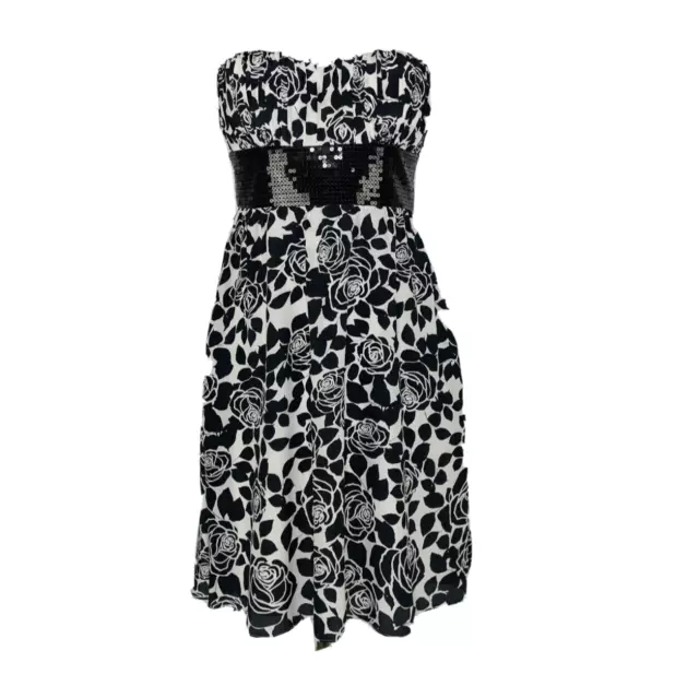 WHBM Womens Strapless Silk Satin Dress Black White  sz 2 Floral Print Sequins