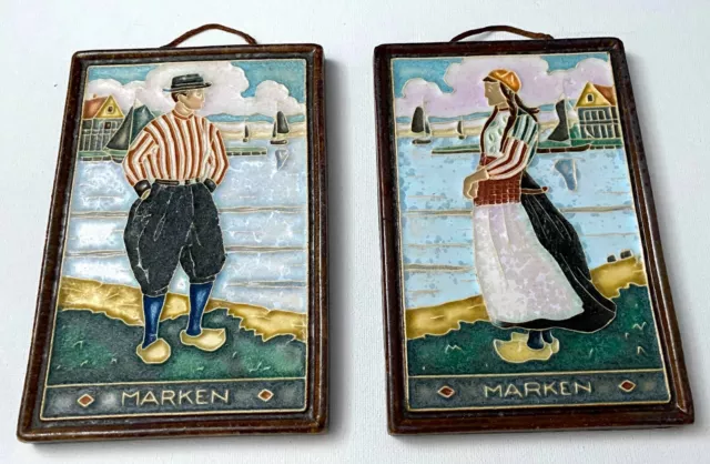 Tiles Royal Delft Polychrome Cloisonné Pair Man/Woman Marken Antique Majolica