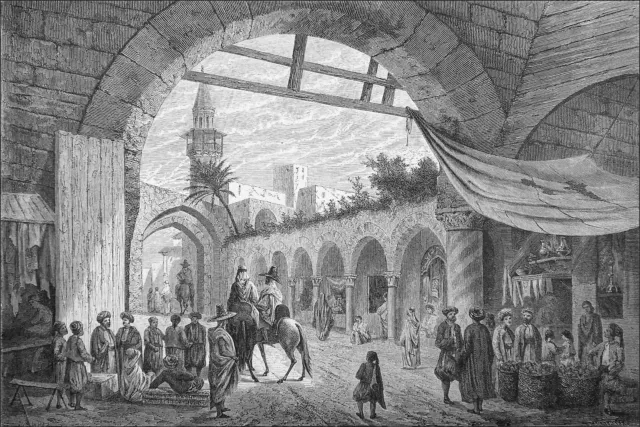 TUNISIE -UN BAZAR à TUNIS (d'après une aquarelle de A. Crapelet)- Gravure 19e s.