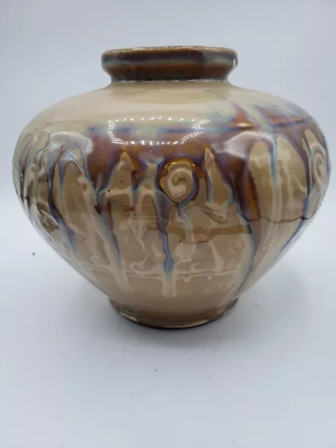 Vintage Pottery Vase Jar Drip Glaze Brown Tones Blue Japanese Mid Century Modern