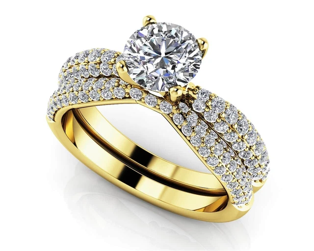 2.25 CT Rond Imitation Diamant Couple de Mariage Bague Anneau 10k or Jaune