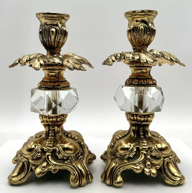 Vintage Pair ACC Brass Crystal Candle Holders Hollywood Regency Gold Gilt